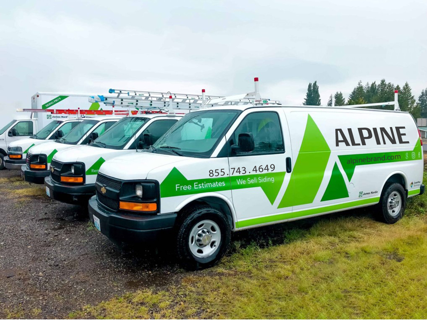 Alpine Exteriors professional van fleet with branded vehicles showcasing company presence in Dallas TX